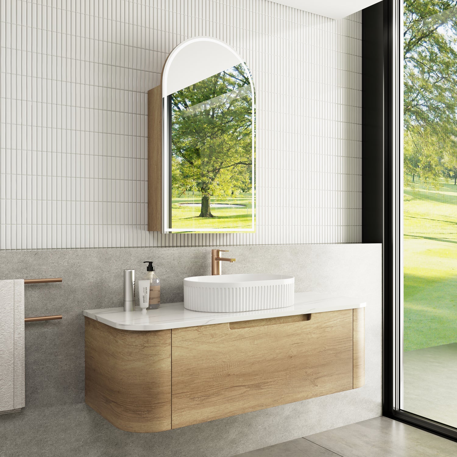 CARITA Natural Oak Wall-Hung Curved Vanity in All Sizes