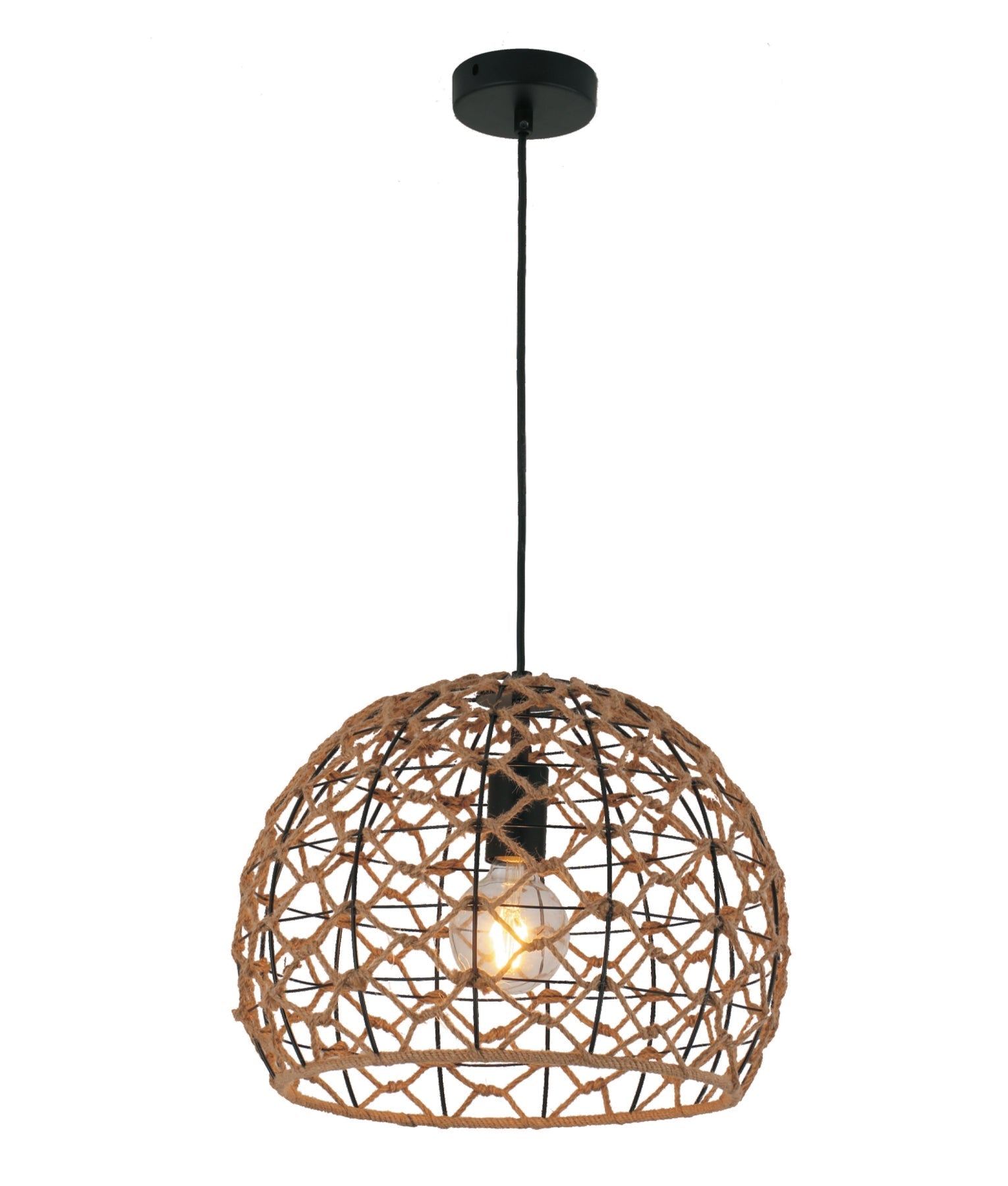 CANAMO: Bohemian Style Natural Hemp Rope & Black Hardware Dome Indoor Pendant Light