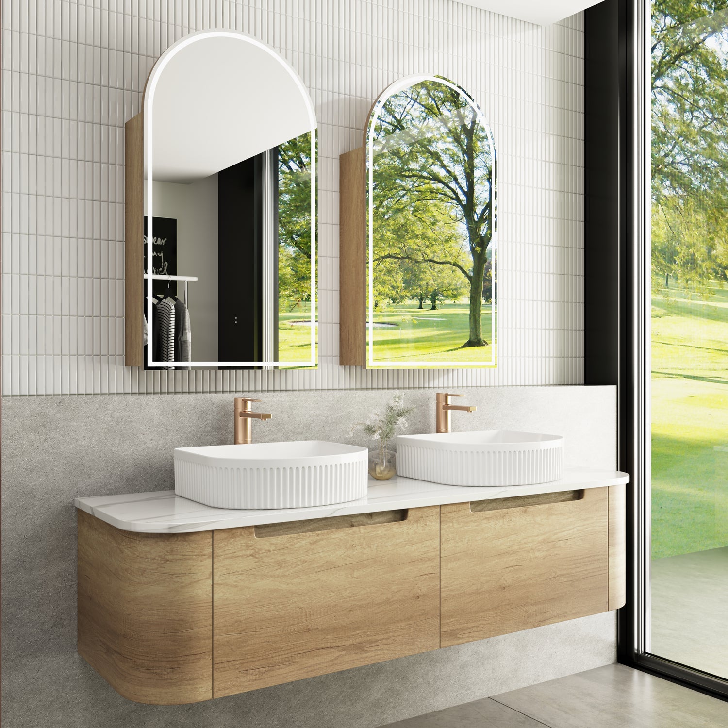 CARITA Natural Oak Wall-Hung Curved Vanity in All Sizes