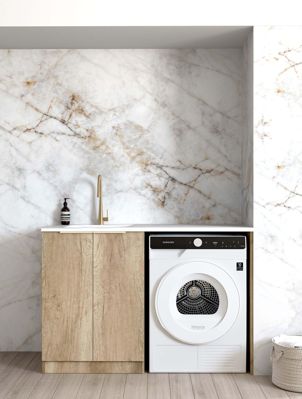 Byron Natural Oak Laundry Cabinet Set with Stone Top - 1300x600x900mm (Great Deal!)