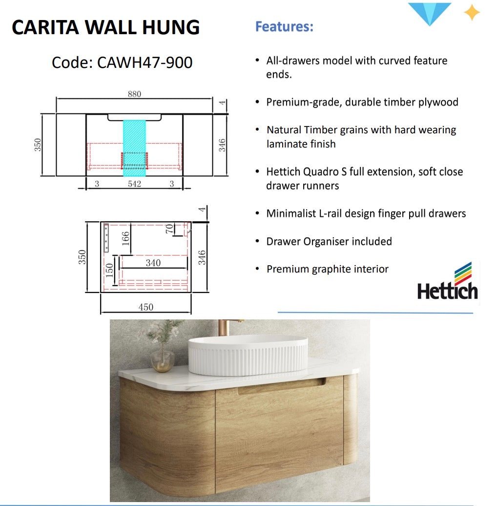 CARITA Natural Oak Wall-Hung Curved Vanity in All Sizes