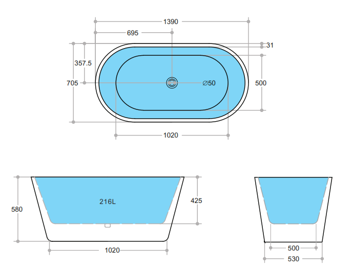 Ovia Gloss White Free Standing Bathtub (1200 - 1700mm) - Great Deal!