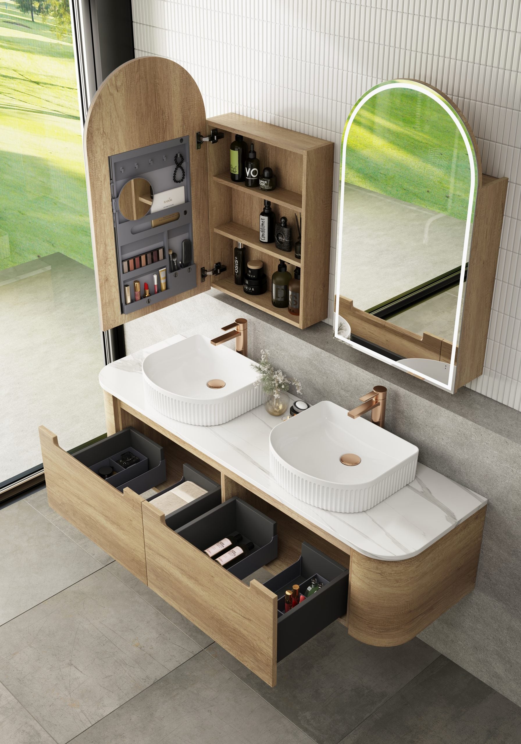 CARITA Natural Oak Wall-Hung Curved Vanity in All Sizes