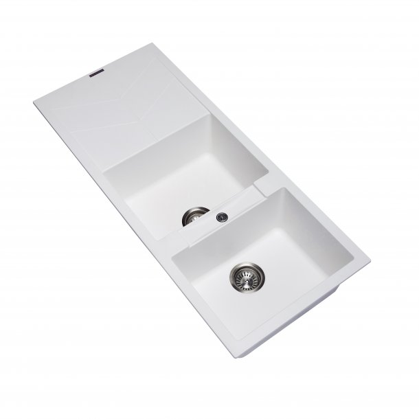 Limited Time Offer! CARYSIL JAZZ Double Kitchen Sink with Drainboard, 1160x500mm White Granite