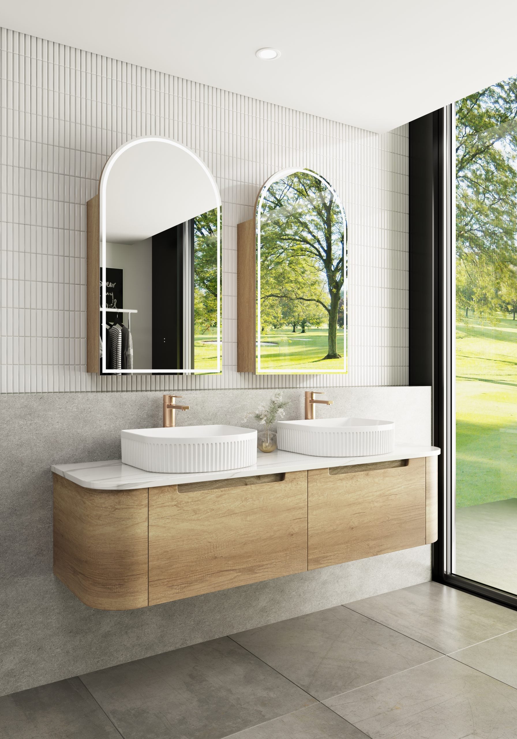 CARITA Natural Oak Wall-Hung Curved Vanity in All Sizes