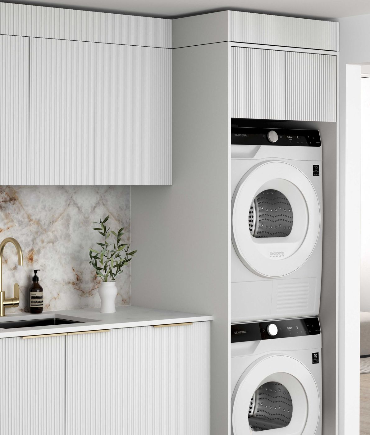 BURLEIGH 1715x600x2100mm White Laundry Cabinet Set with Stone Top (Style C)